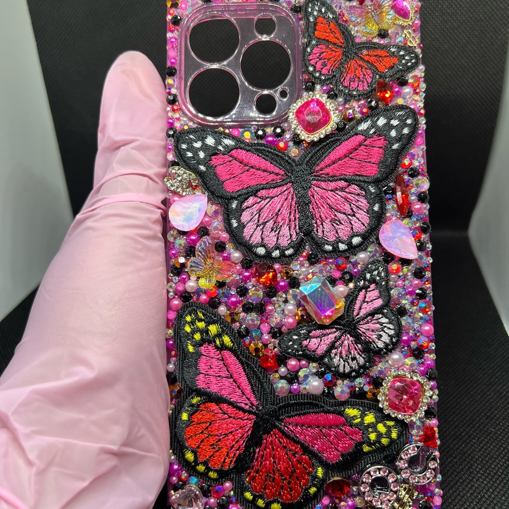 Butterfly Embellished Phone Case - Pink and Black